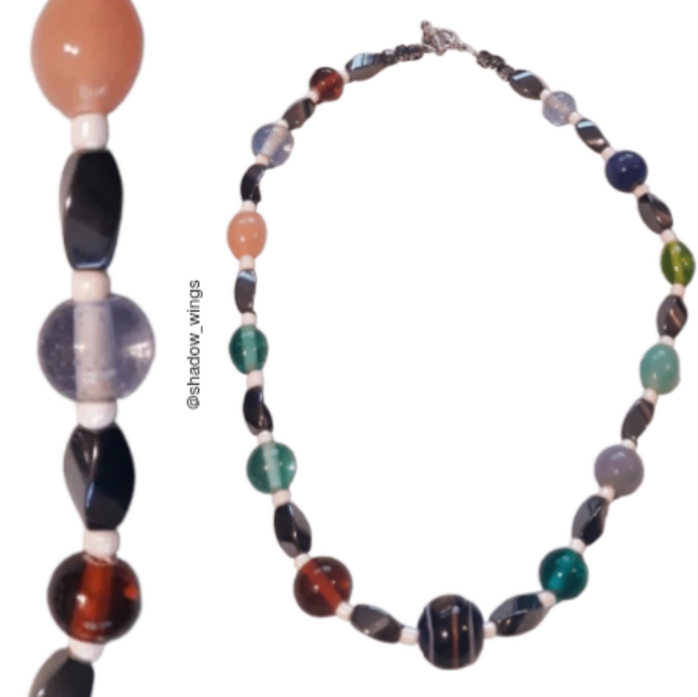 Artisan Hematite Art Glass Beaded Necklace / 17" Multicolor Glass Bead Necklace